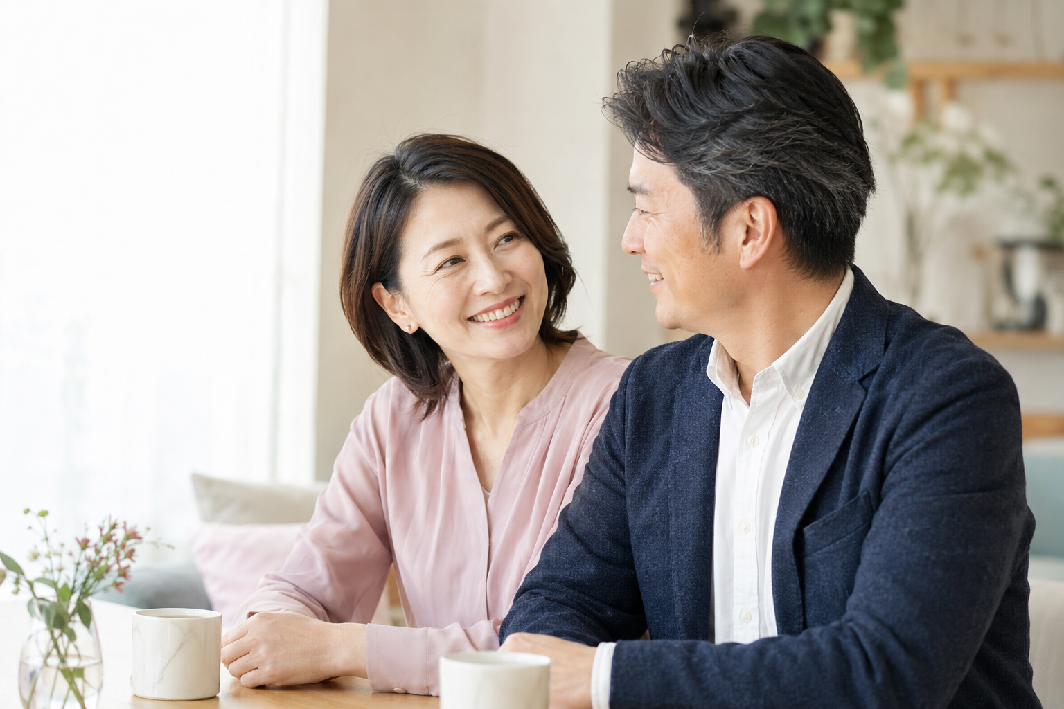 日本人カップルが笑顔で会話している写真